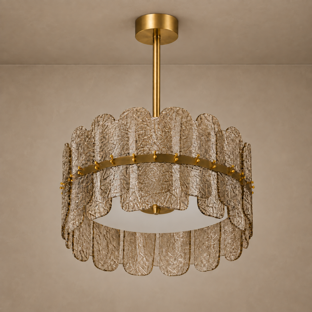 Smoky Glass Chandelier Brass Tall Layered Form | for a 9 Ft Ceiling or Staircase Custom Rod Length Casalola Lights