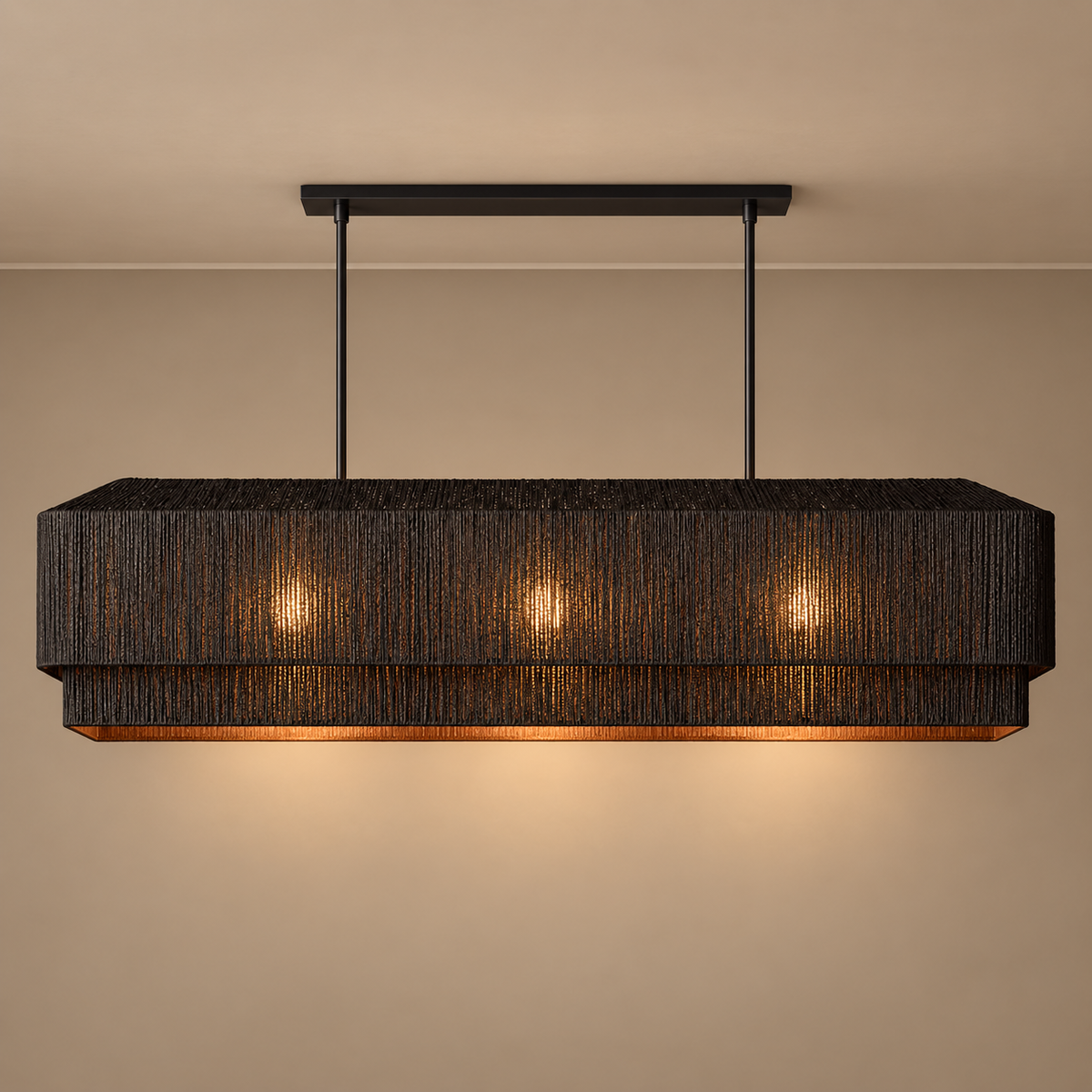 Black Rattan Linear Chandelier Copper | Glare Free Over a Dining Table or Island Custom Stem Length Casalola Lights