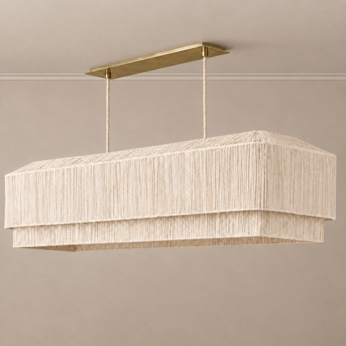 White Rattan Linear Chandelier for Dining Table and Kitchen Island | Large Hand Woven Copper Coastal Casalola Lights