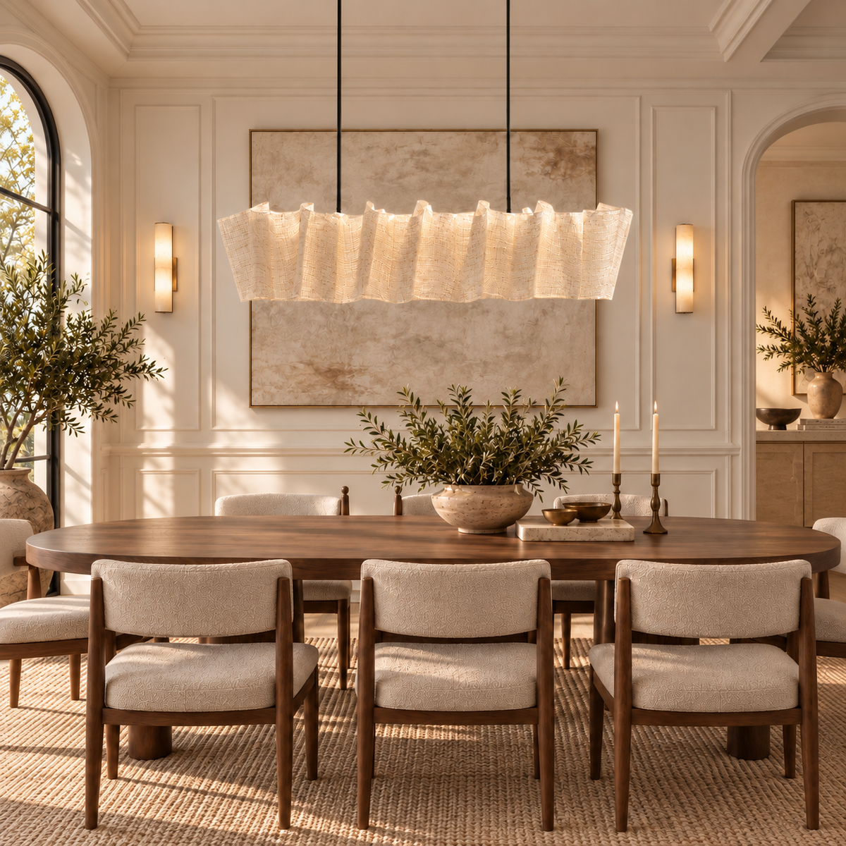 Sora abaca chandelier suspended over a long wooden dining table in a daylight interior.