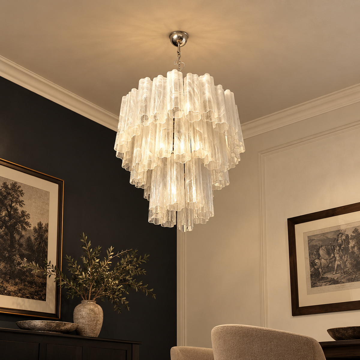 White Swirl Glass Tiered Chandelier Steel | Compact for a Bedroom or Entry Hall Custom Chain Drop Casalola Lights