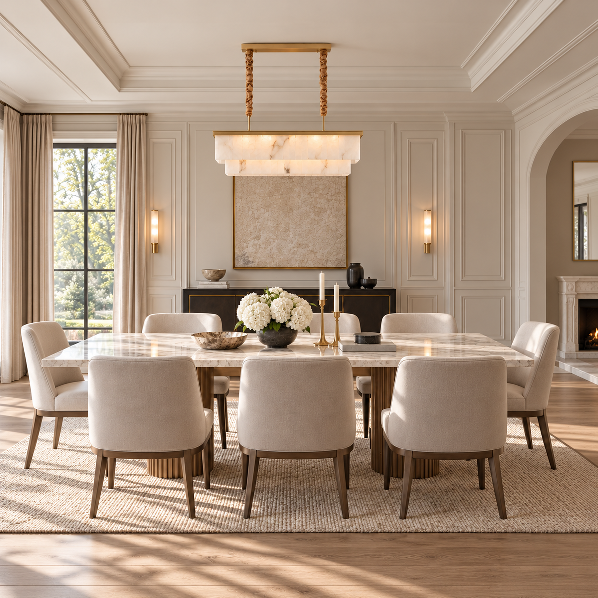 Volterra alabaster chandelier installed above a dining table