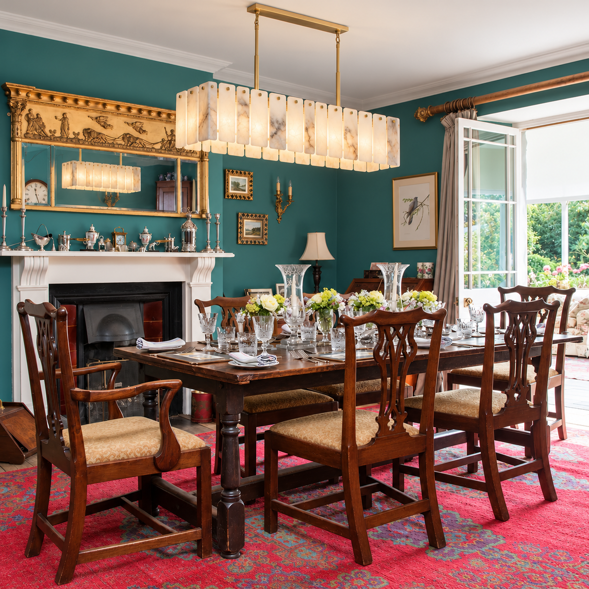 Voltesio alabaster chandelier above a dining table in a teal room