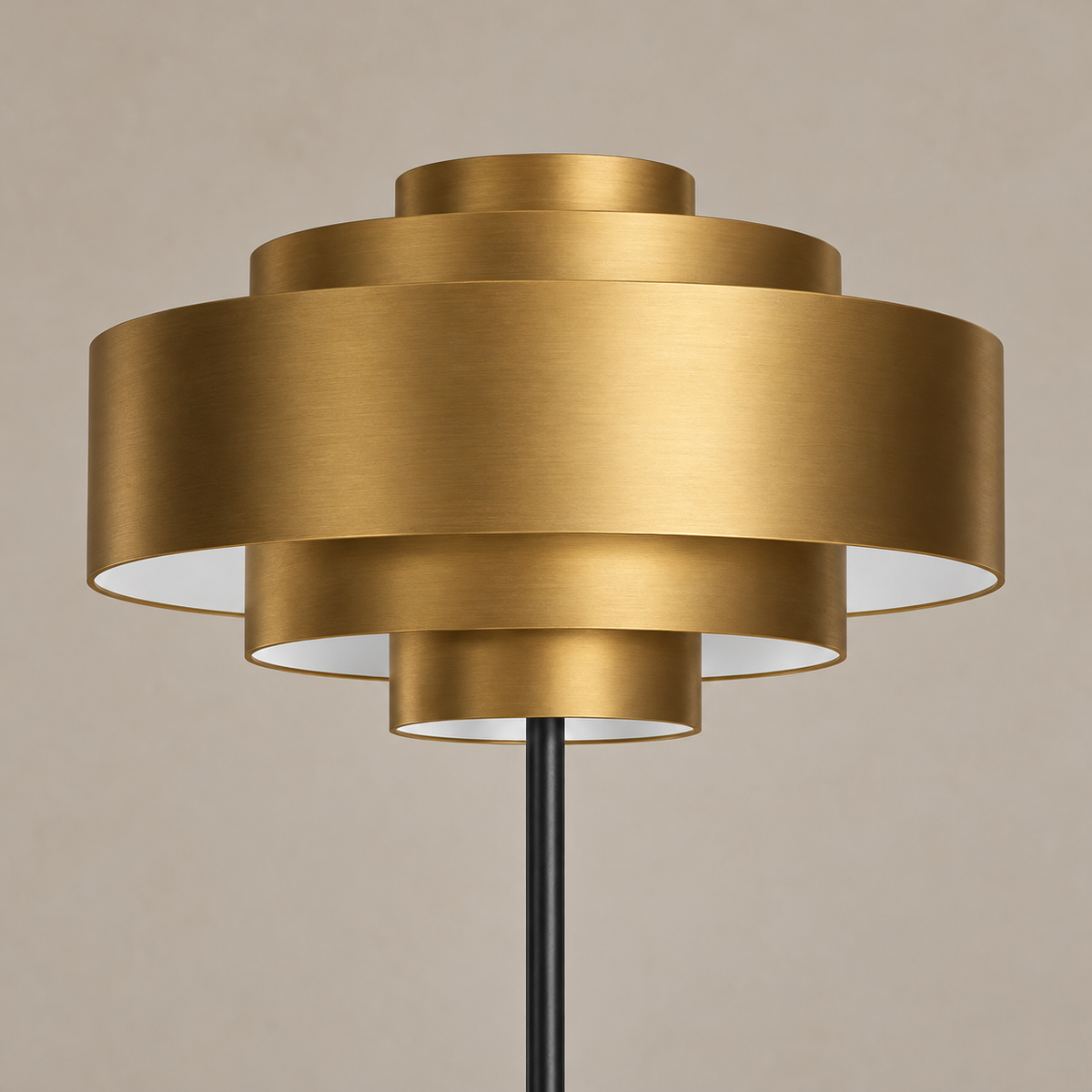 Close view of the brushed brass tiers and white undersides of the CL85070M shade.
