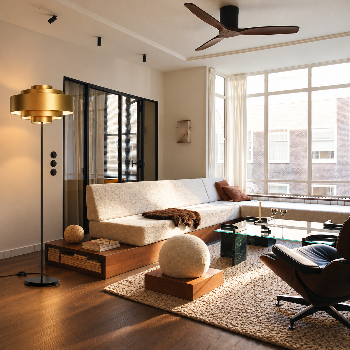 Gold CL85070M floor lamp beside a cream sofa in a bright contemporary living room.