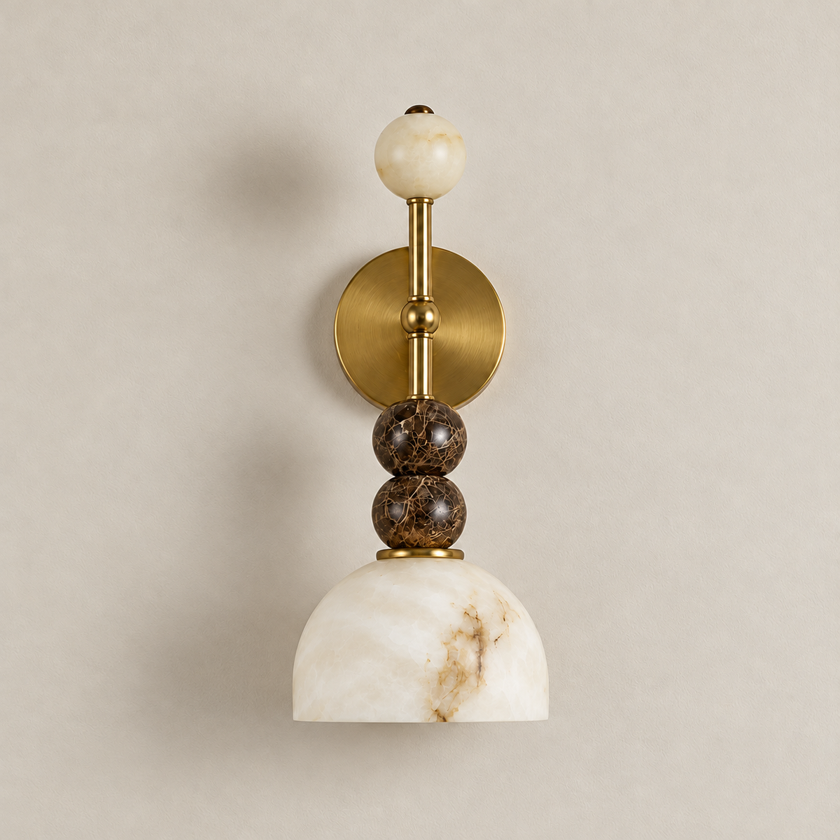 Front view of the unlit Totem Duetto wall sconce with two brown marble spheres and an alabaster dome.