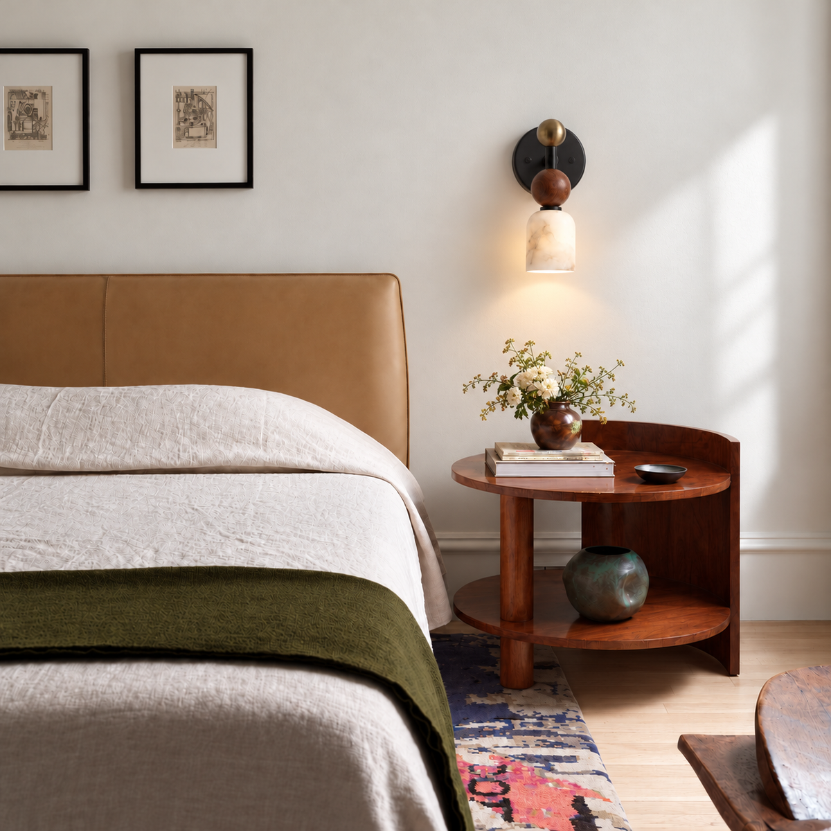 Black Totem Petite wall sconce shown straight on, with centered mounting plate, above a walnut bedside table.