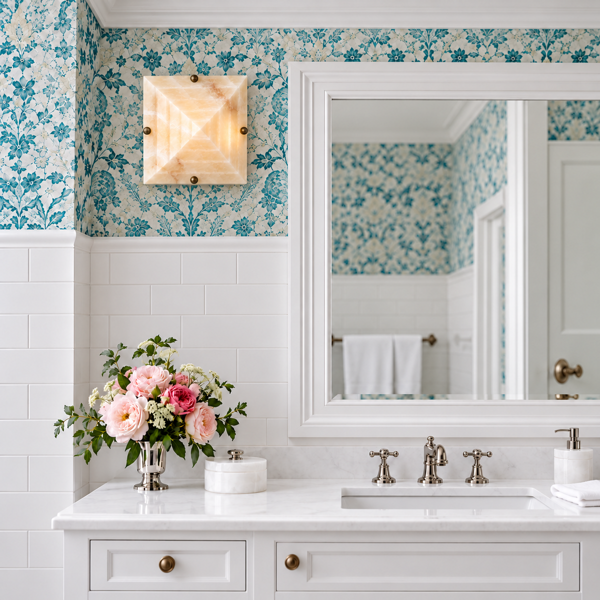Front view of a honey onyx wall sconce above bathroom tiles beside a mirror.