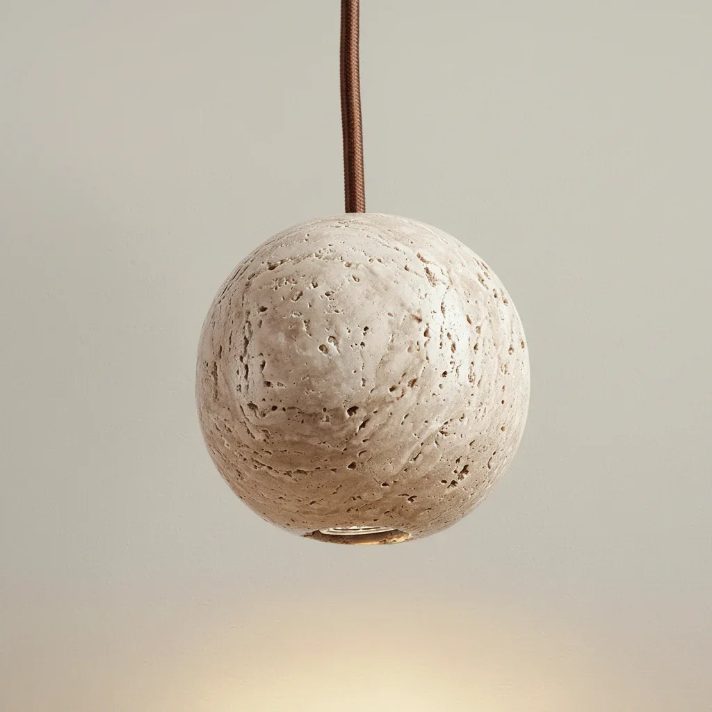 Travertine Globe Pendant Light for Kitchen Island or Bedside | Solid Stone Sphere 10 Cm (4″) Fabric Cord Casalola