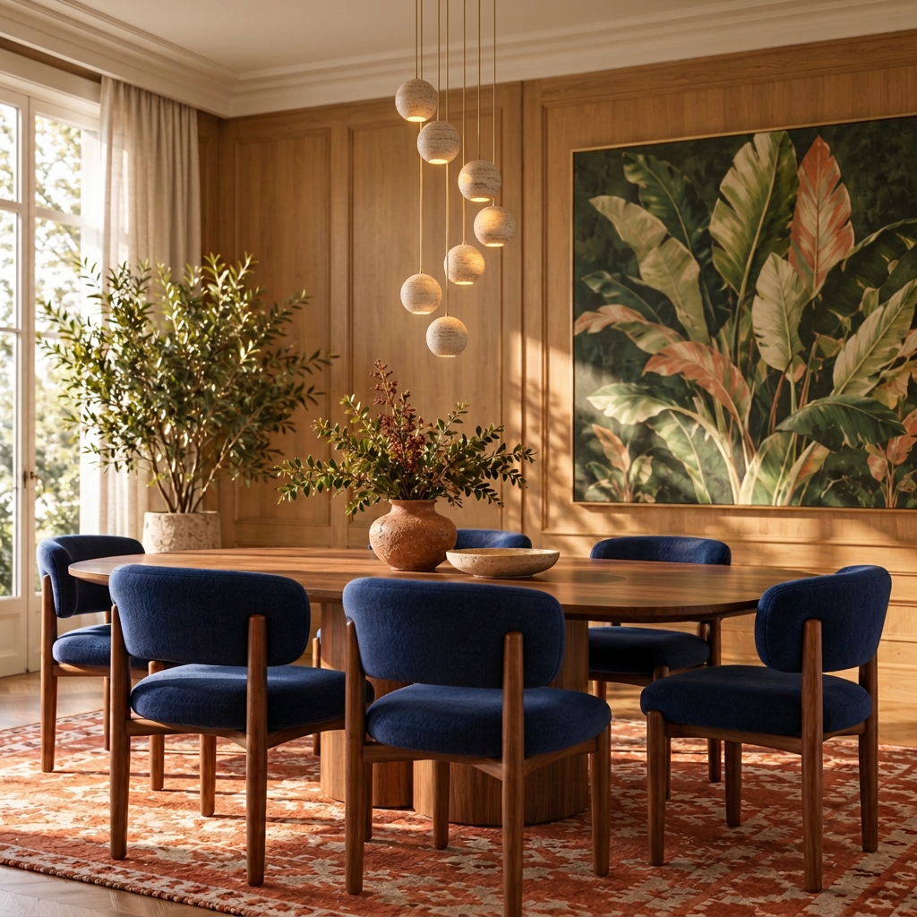 A styled dining room scene with a round wooden dining table and six blue upholstered wooden chairs, under a woven pendant light and in front of a large tropical leaf wall art print.