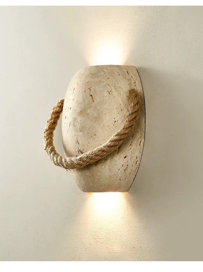 Travertine Wall Sconce – Natural Stone & Rope G9 Light for Hallway Bedroom or Staircase