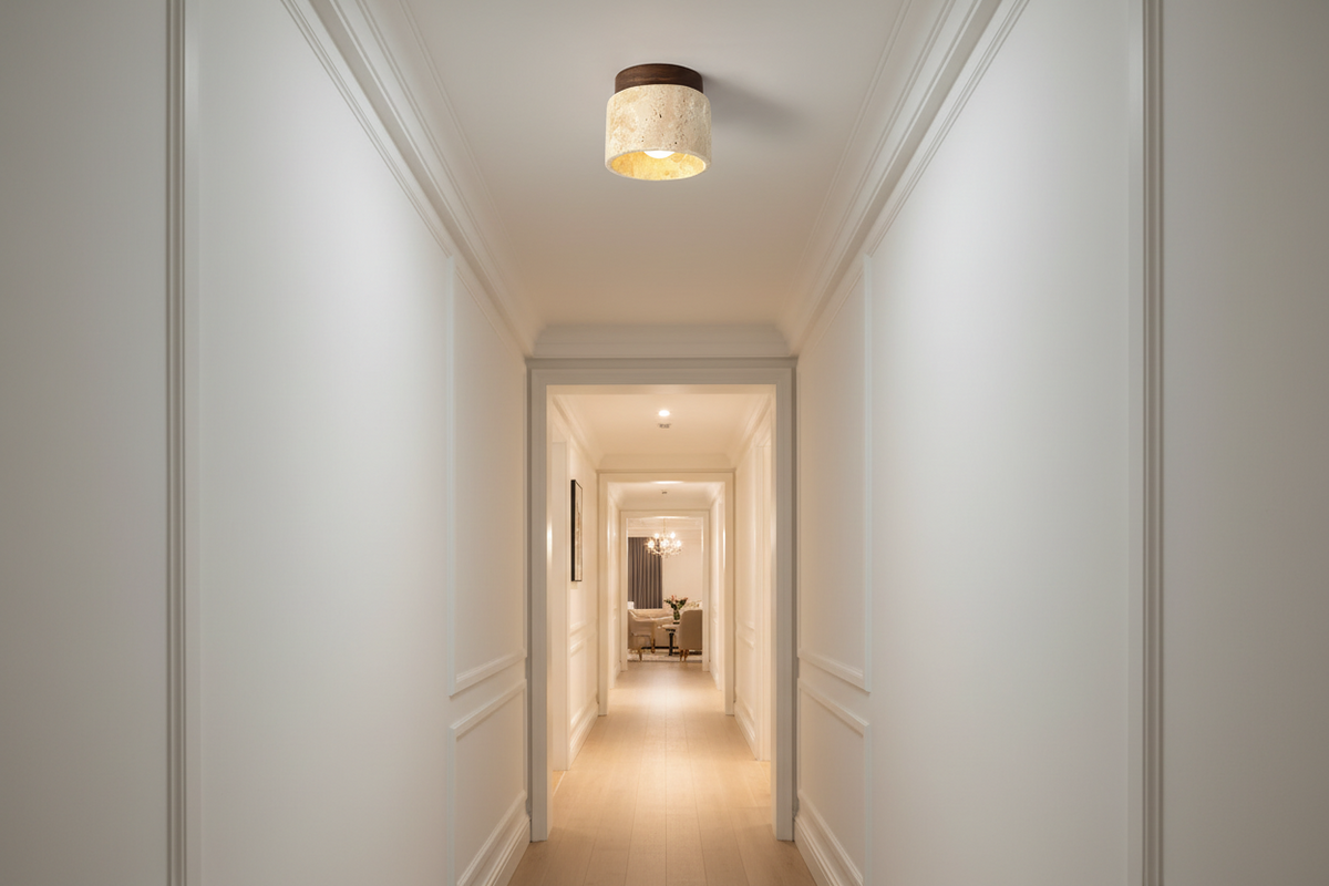 Travertine Flush Mount 12cm | Solid Stone & Walnut Ceiling Light Organic Japandi Corridor Powder Room Casalolalights