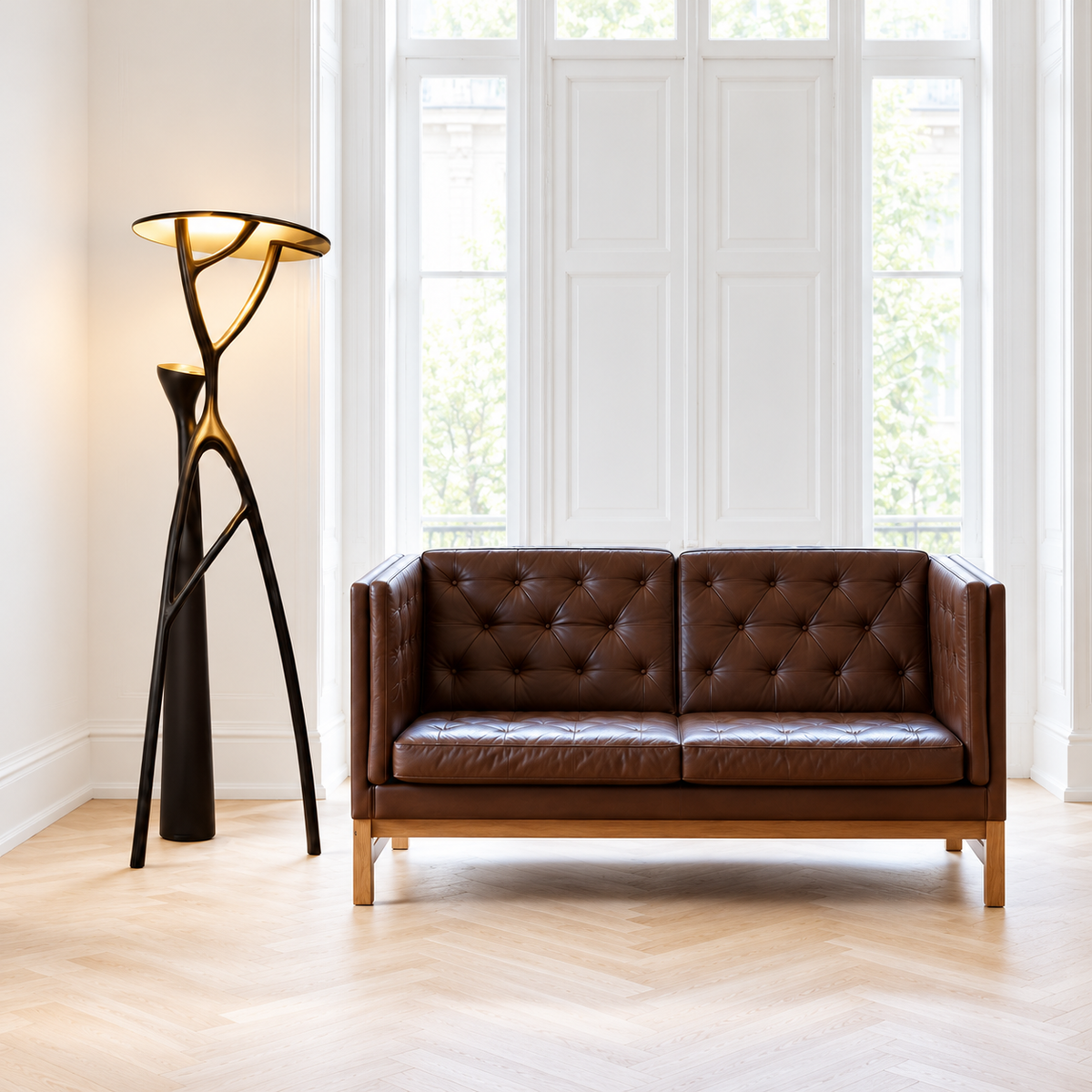 Black and gold Tree floor lamp beside a leather loveseat in a bright living room.