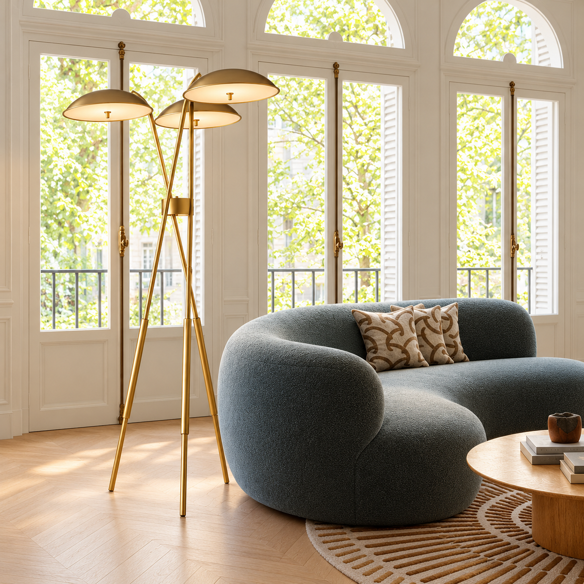 Trilume copper floor lamp beside a curved blue sofa in a bright room with arched windows.