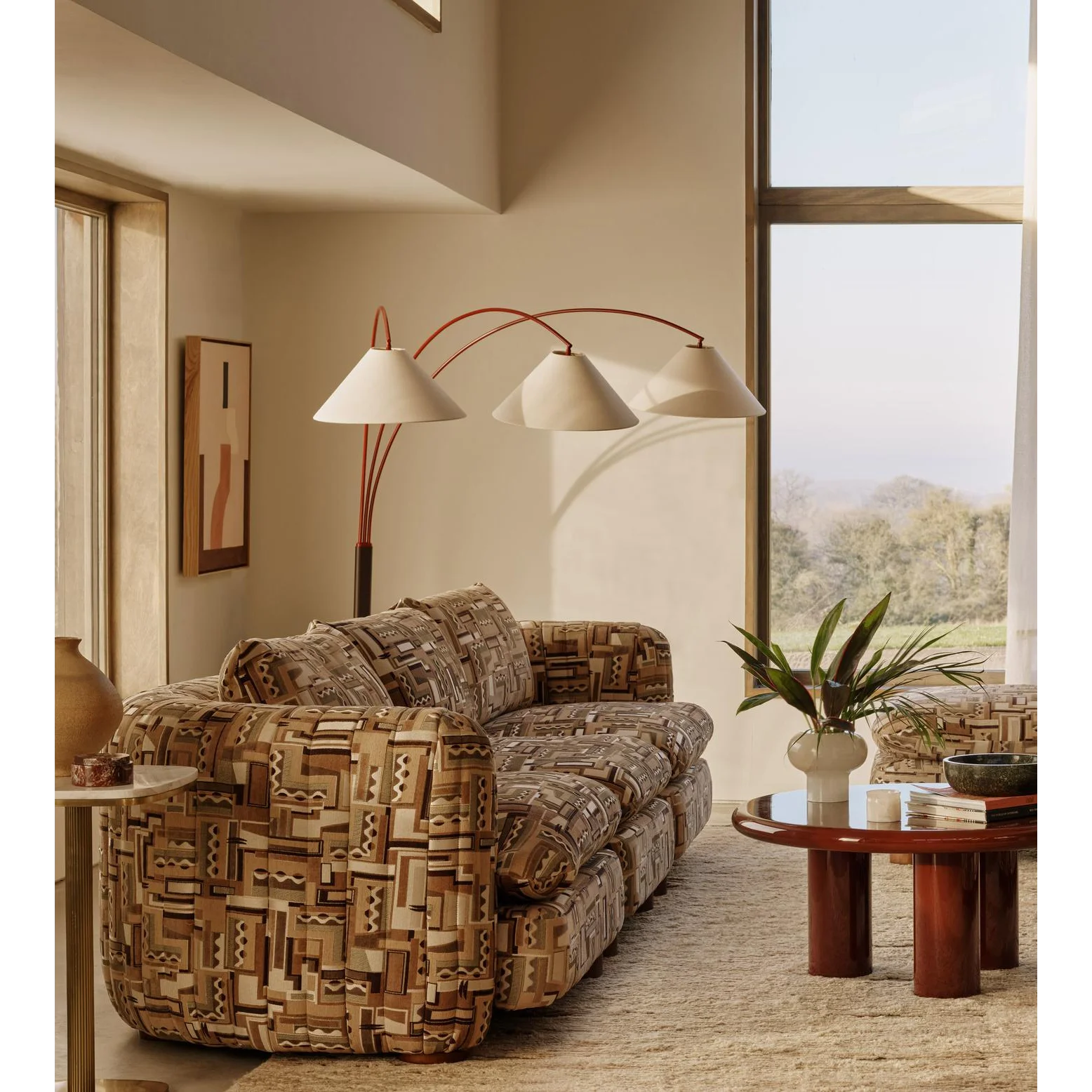 Living Room Triple Arm Red Metal & Brown Marble Floor Lamp – Mid Century Arc Lighting with Cone Linen Shades Soft Glow