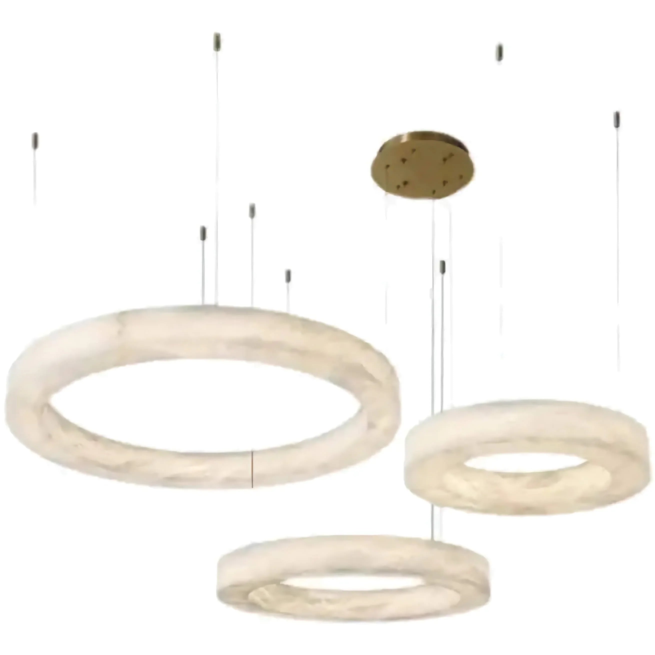 Triple-ring alabaster chandelier in a living room