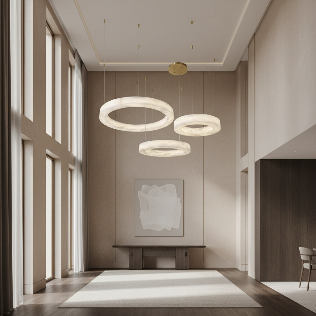 Triple-ring alabaster chandelier dropped into a stairwell