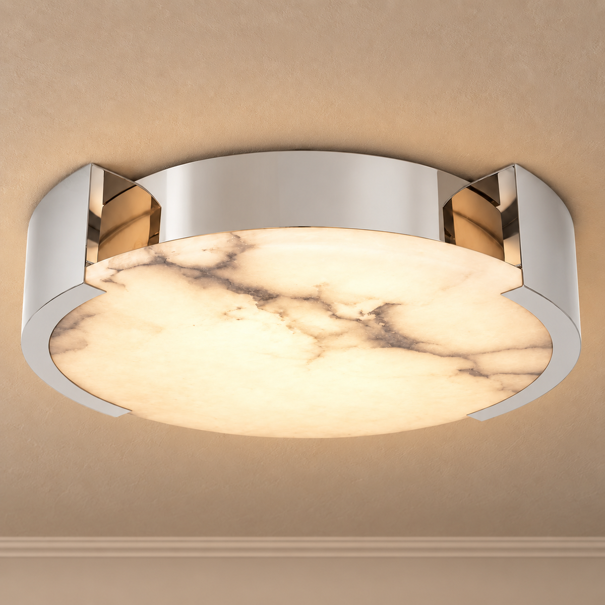 Genuine Alabaster Round Flush Mount for Low Ceiling Brass or Silver | Art Deco Dimmable Option Casalola Lights Luxury