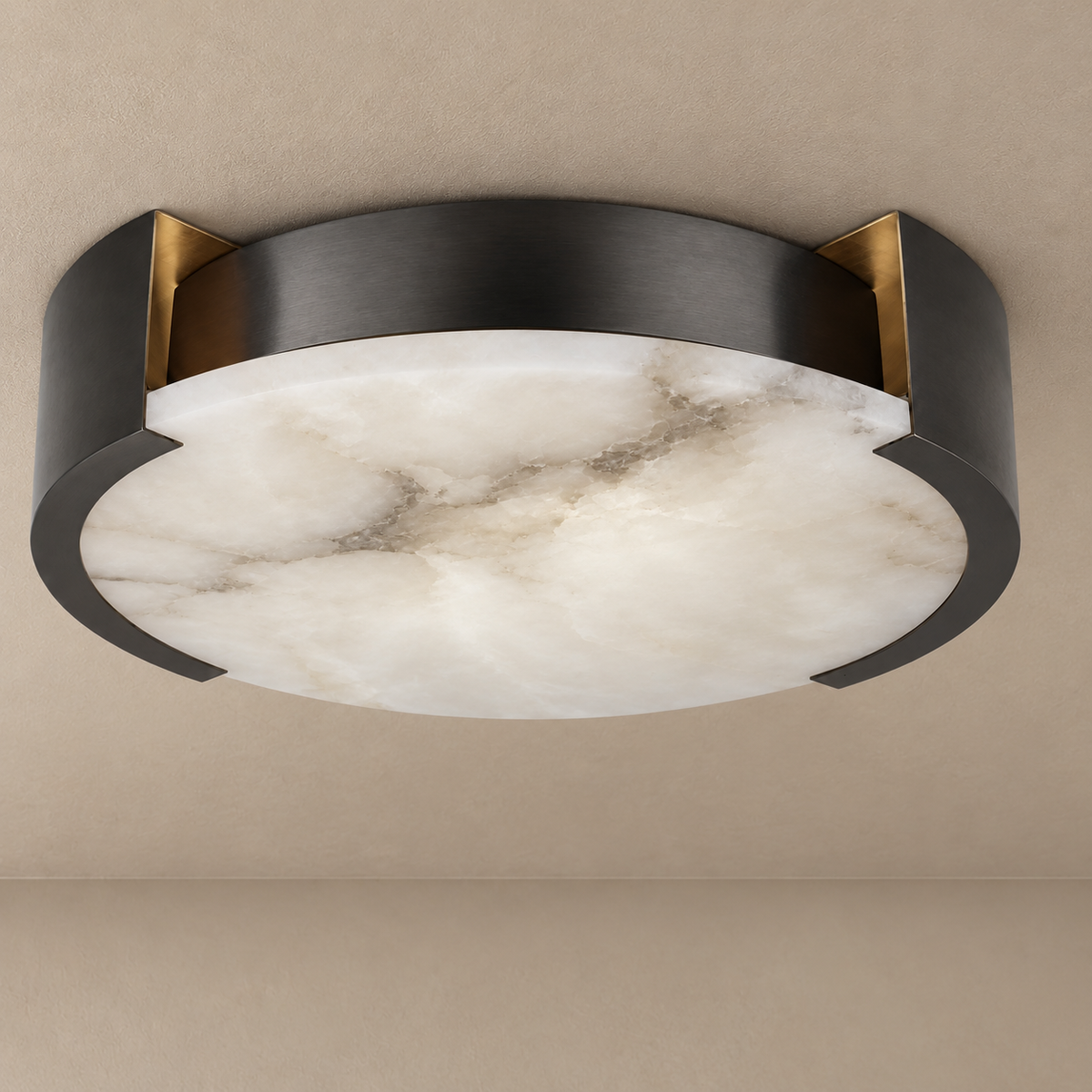 Velatura black flush mount with natural alabaster diffuser, unlit.