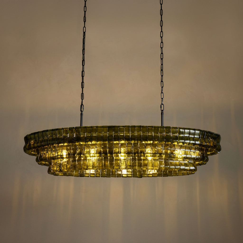 Green Curved Glass Panel Chandelier with Brass Frame Large Art Deco Dining Room Statement Ceiling Light Casalolalights
