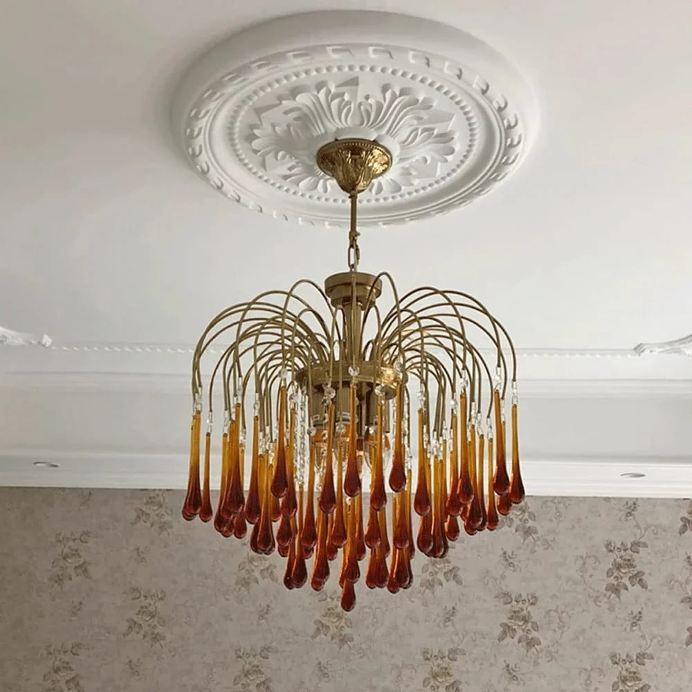 Amber Murano Teardrop Chandelier in Gold Iron and Crystal | Art Deco Ceiling Light Fixture for Dining Room