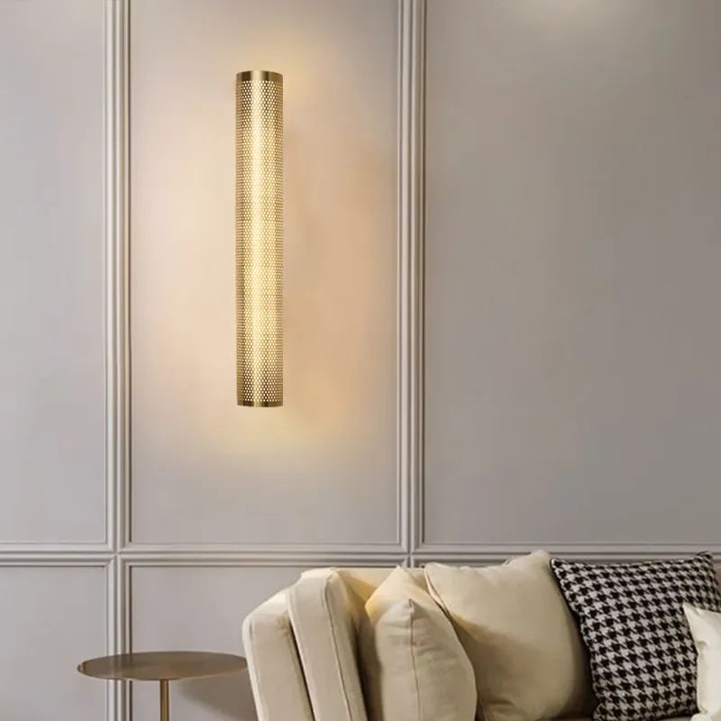 Brass Cylinder Wall Sconce – Modern Perforated Metal Design Ambient Lighting Fixture for Hallways & Bedrooms
