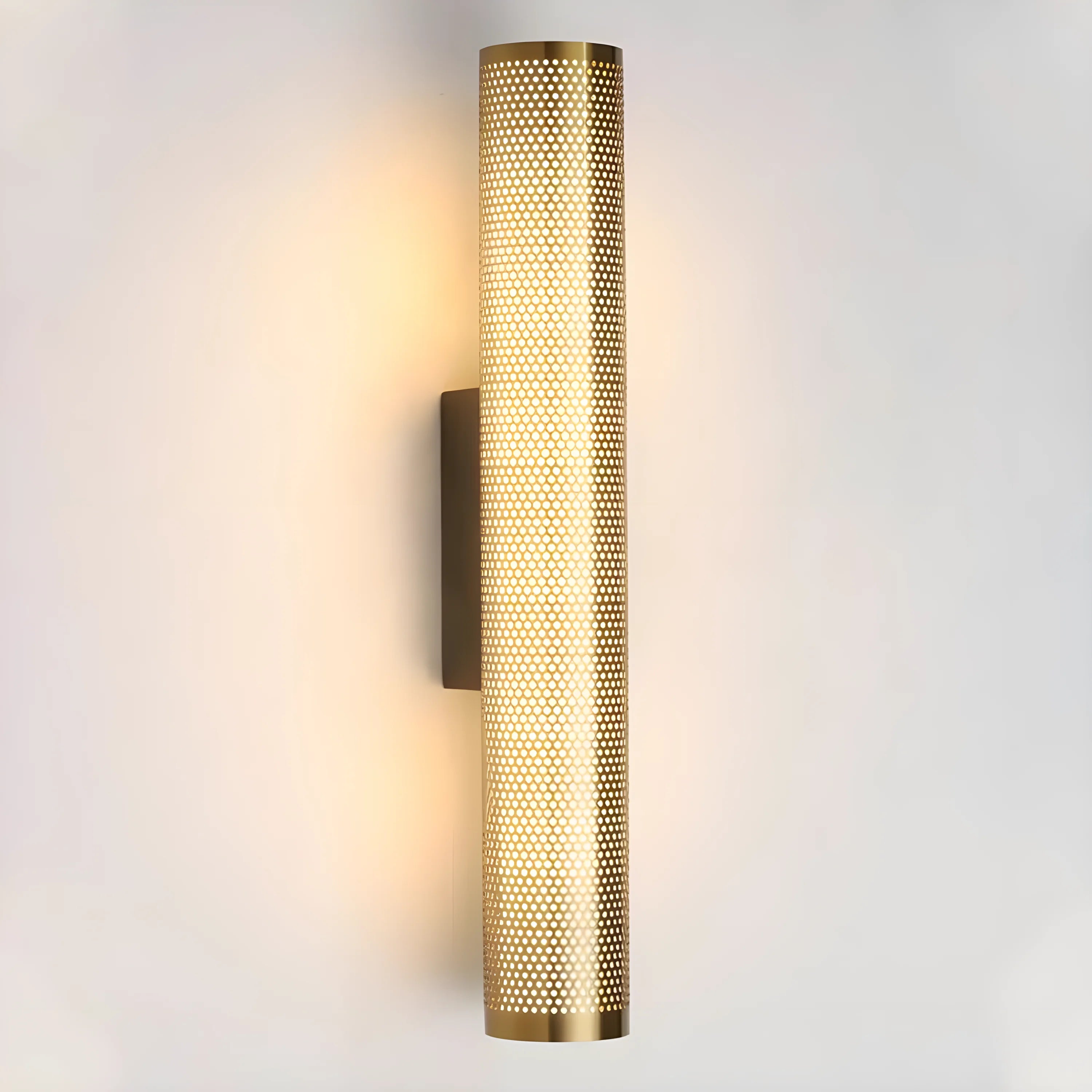 Brass Cylinder Wall Sconce – Modern Perforated Metal Design Ambient Lighting Fixture for Hallways & Bedrooms