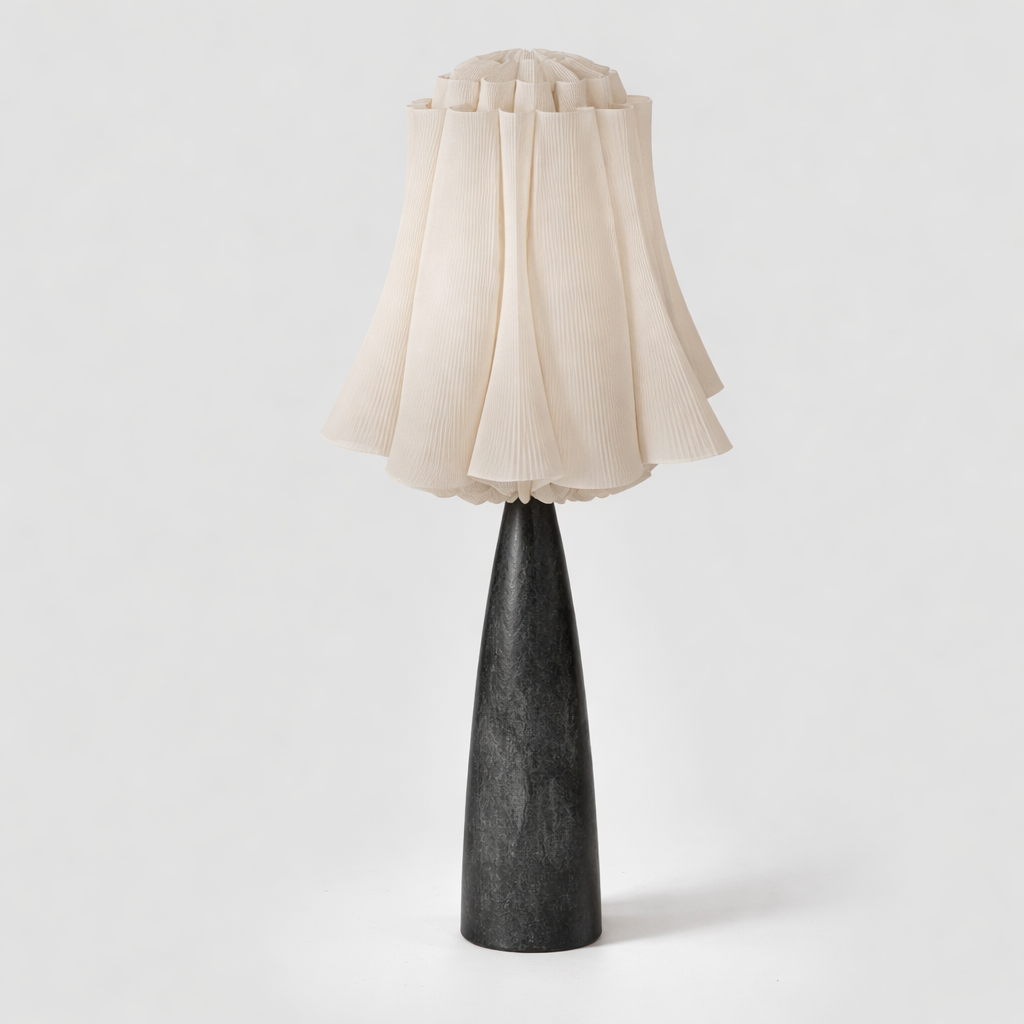 Solid Wood Wabi-sabi Floor Lamp | Organic Modern Sculptural Design | Oversized Pleated Linen Shade (50cm) | Black &