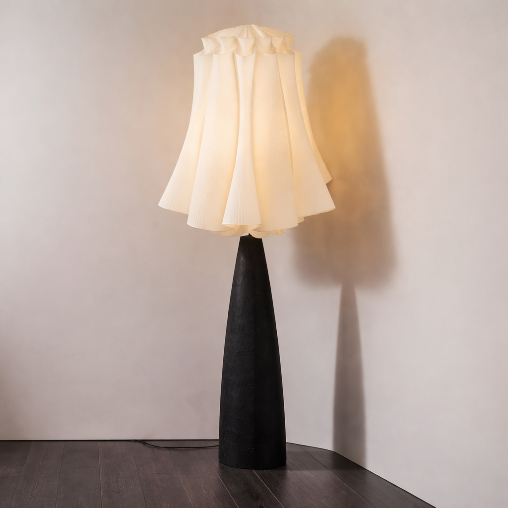 Solid Wood Wabi-sabi Floor Lamp | Organic Modern Sculptural Design | Oversized Pleated Linen Shade (50cm) | Black &