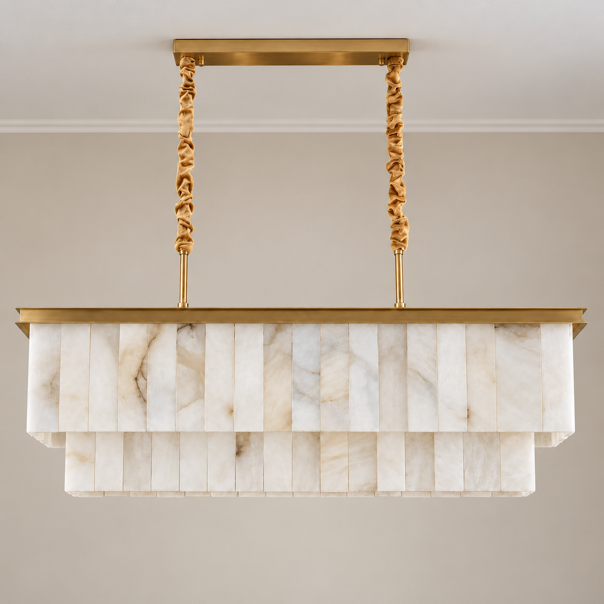 Volterra two-tier alabaster chandelier with brass frame, unlit