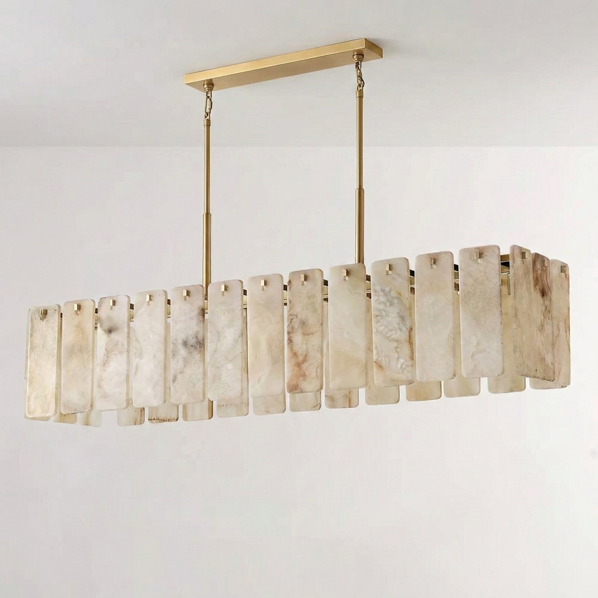 Solid Copper Linear Chandelier | Natural Alabaster Panels | 152cm - 183cm Dining Light | Real Stone | Casalola Lights