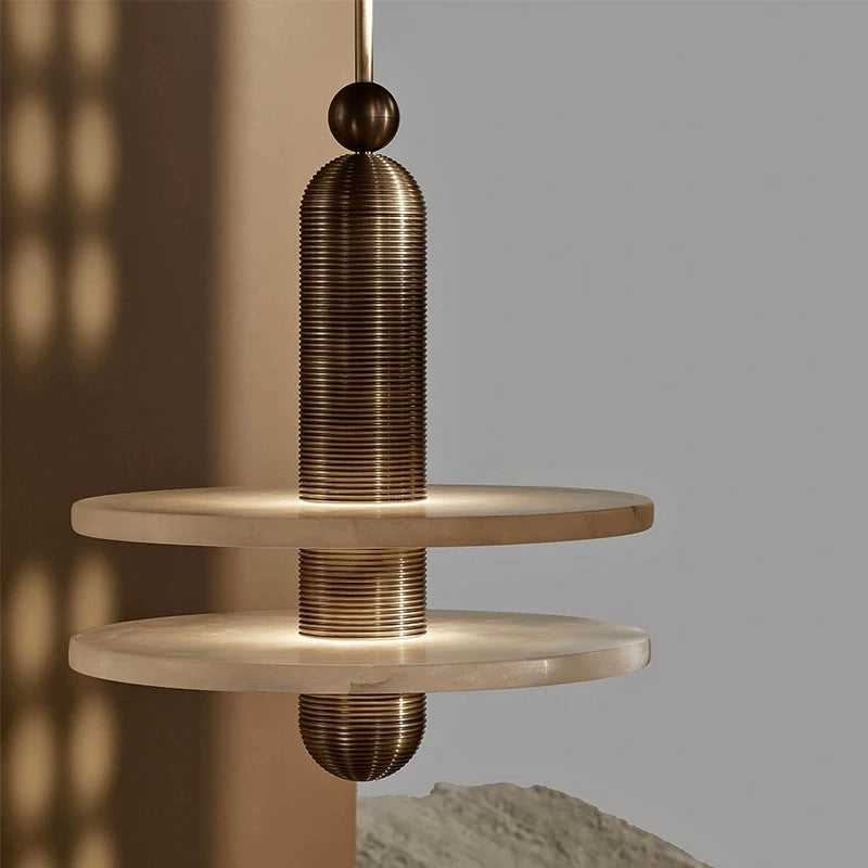 Solid Copper & Alabaster Pendant | Art Deco Revival | 40cm Double-disc Diffuser | Ribbed Detail | Casalola Lights