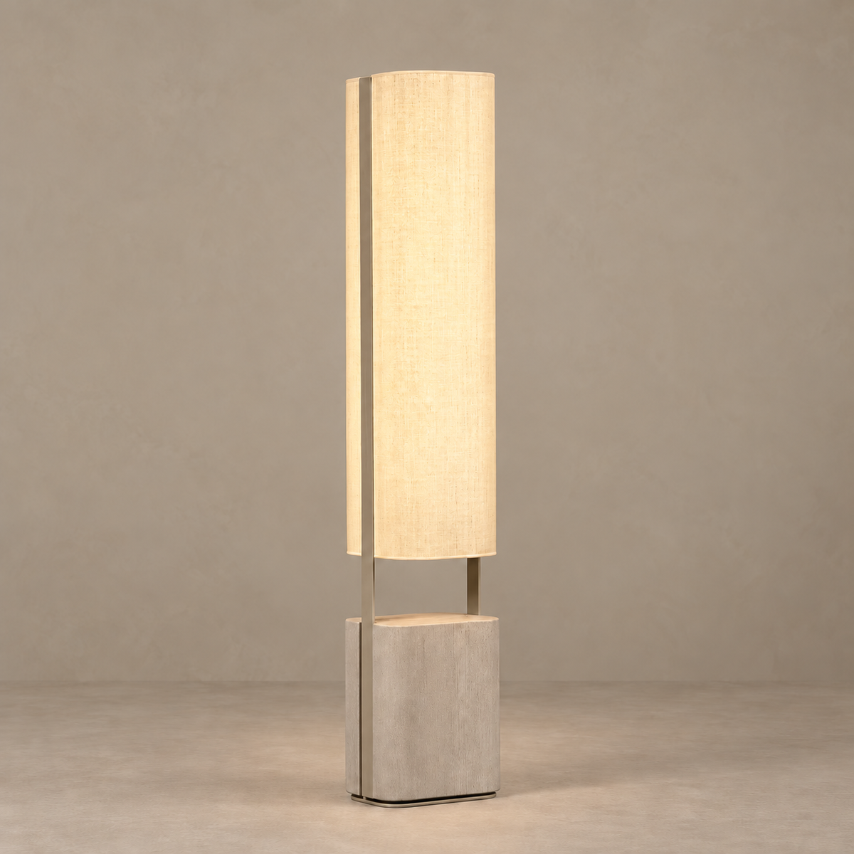 CLUJH025S floor lamp illuminated through its tall linen shade, with the resin base and slim supports visible.