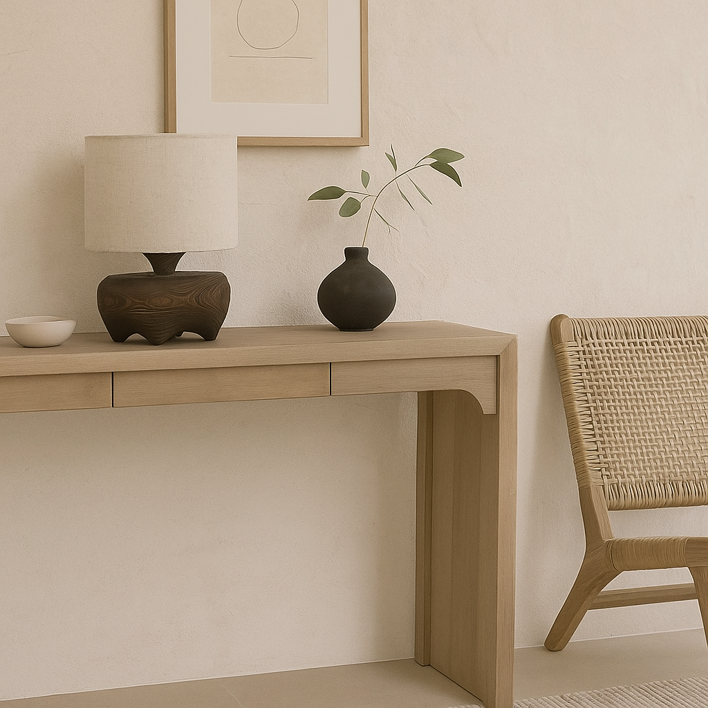 Wabi-sabi Hand-carved Solid Wood Table Lamp - Japandi Lighting for Console Bedside Living Room