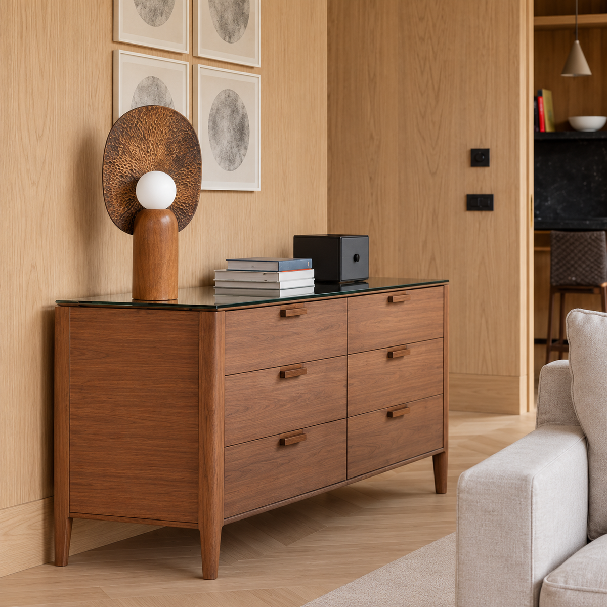 Brown reflector wood table lamp on a living room chest