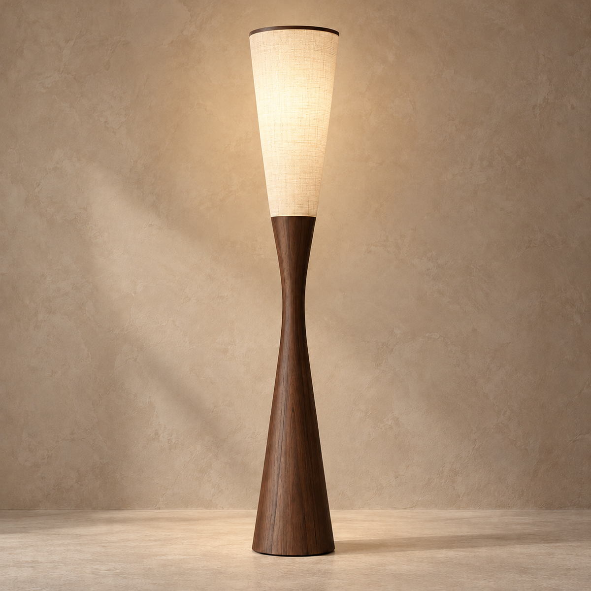 Wood floor lamp CLGHYTS256D illuminated through its tapered linen shade.