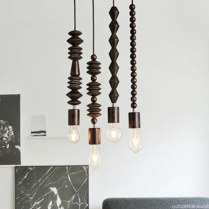 Wooden Geometric Beads String Pendant Lamp