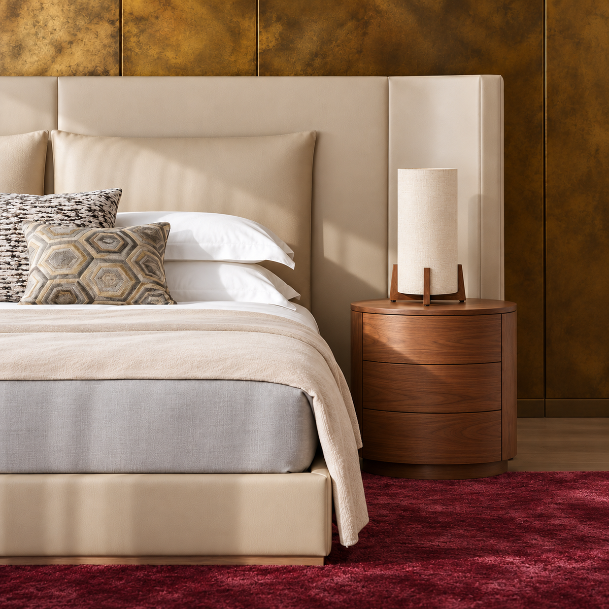 Wood and Linen table lamp on a bedside table