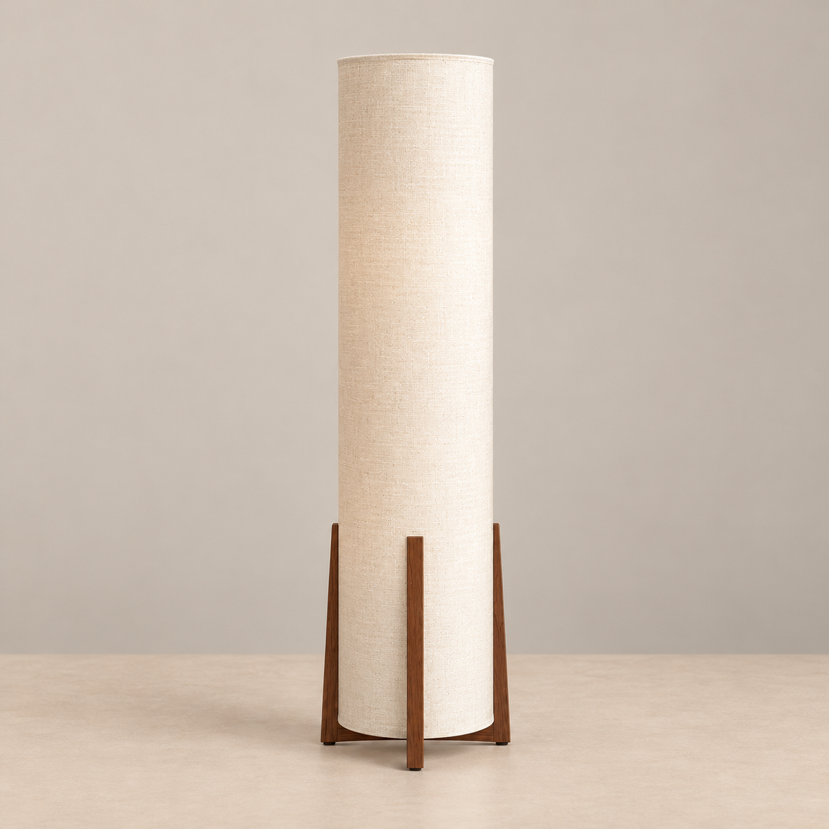 Wood and Linen floor lamp with tall cylindrical shade, switched off