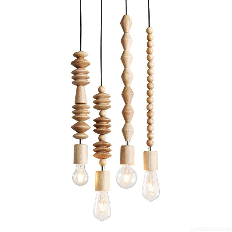 Wooden Geometric Beads String Pendant Lamp