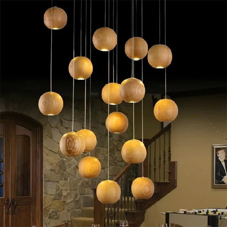 Wooden Sphere Pendant Lights For Dining Room Stairs Living - Lamps
