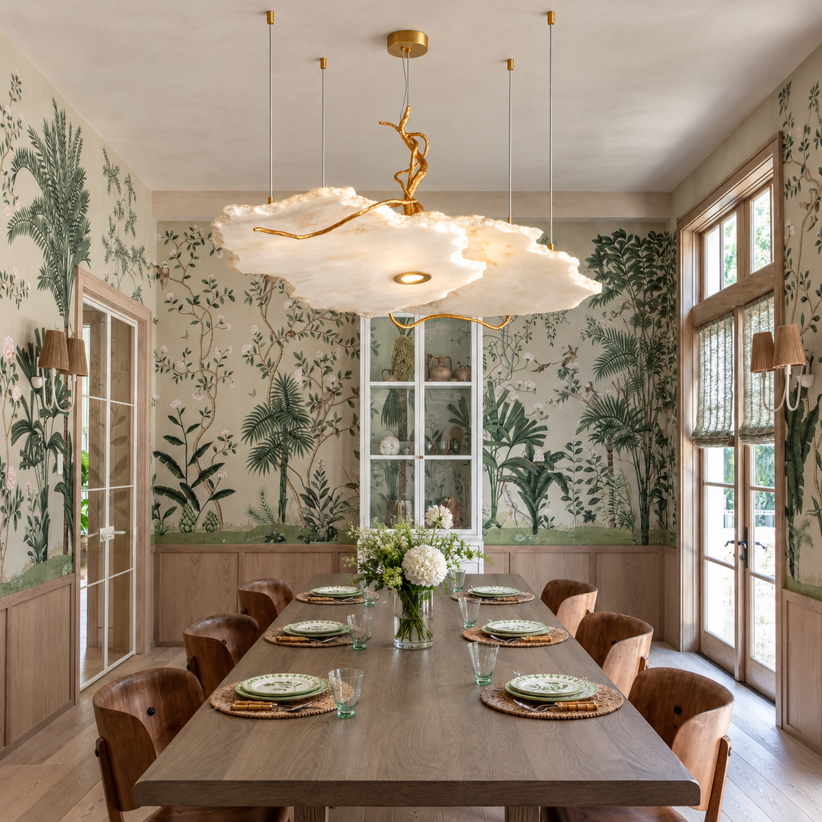Y alabaster and brass pendant suspended above a wooden dining table in a botanical dining room
