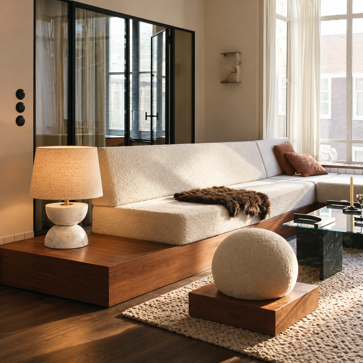 Zana marble table lamp beside a cream sofa on a walnut platform